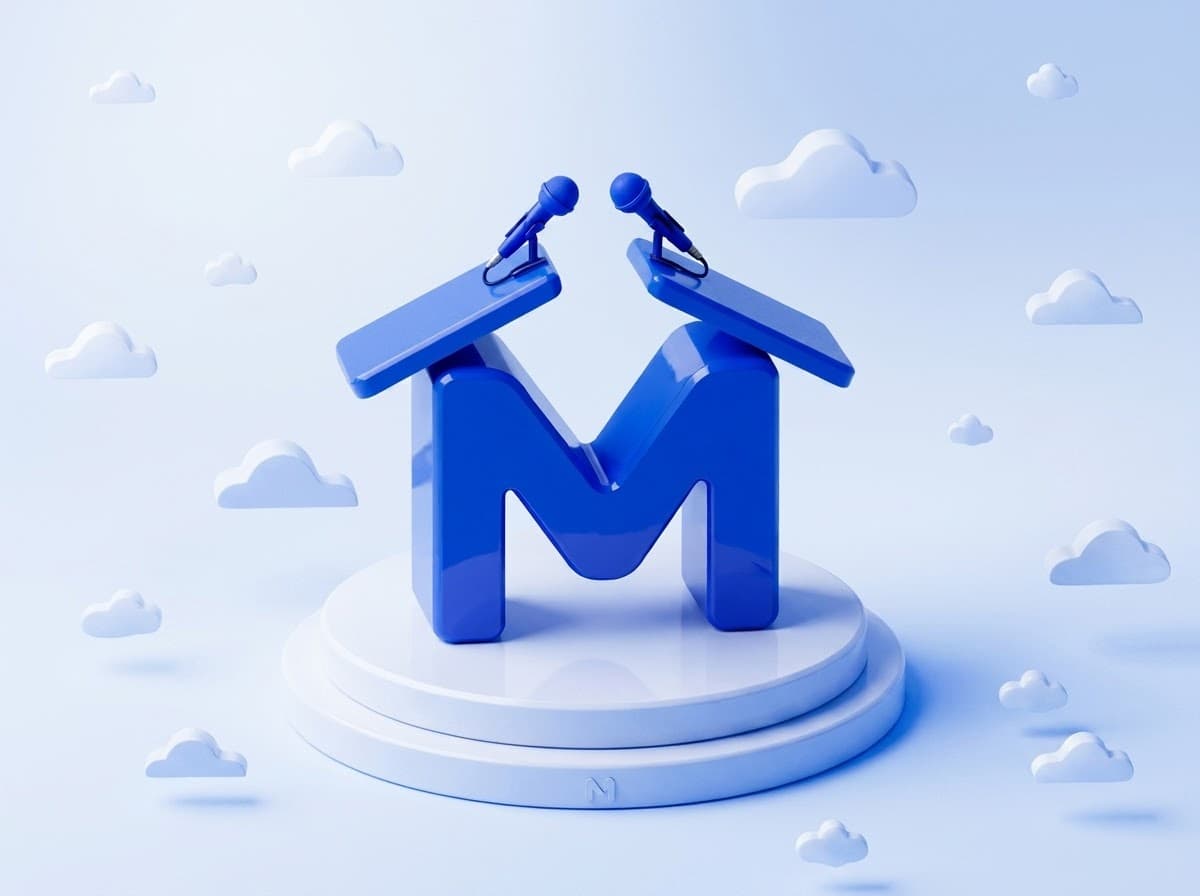 3D-иллюстрация: подиум в форме буквы «M» с двумя трибунами для дебатов